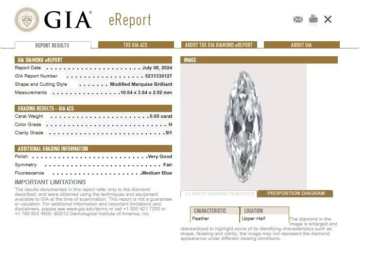 0.69ct ANTIQUE MARQUISE CUT DIAMOND GIA CERTIFIED H SI1 EXTRA LONG LOOSE NATURAL