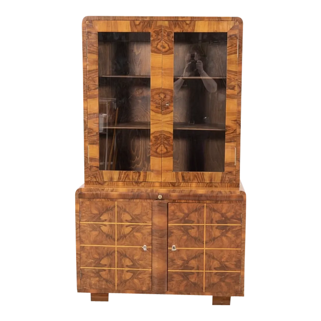 1930s Art Deco : display cabinet in blue walnut with inlay