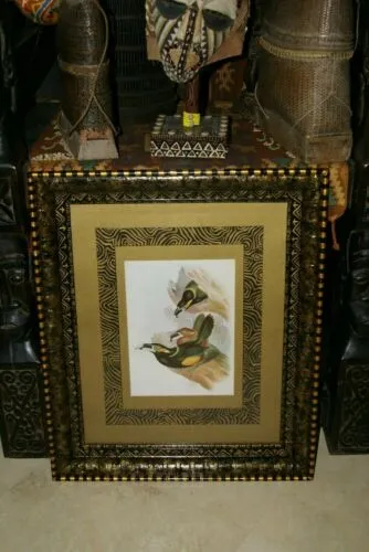 25,5"X 20,5” 1948 GOULD  TOUCANET  BIRD FOLIO LITHOGRAPH FRAMED IN SIGNED DETAILED ARTIST HAND PAINTED FRAME AND 2 MATS TO ENHANCE THE ART WITHIN GORGEOUS DFPN88 DESIGNER WALL ART DÉCOR