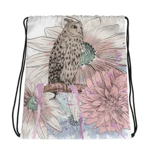 Allover Owl Perched in Blooms Drawstring Bag