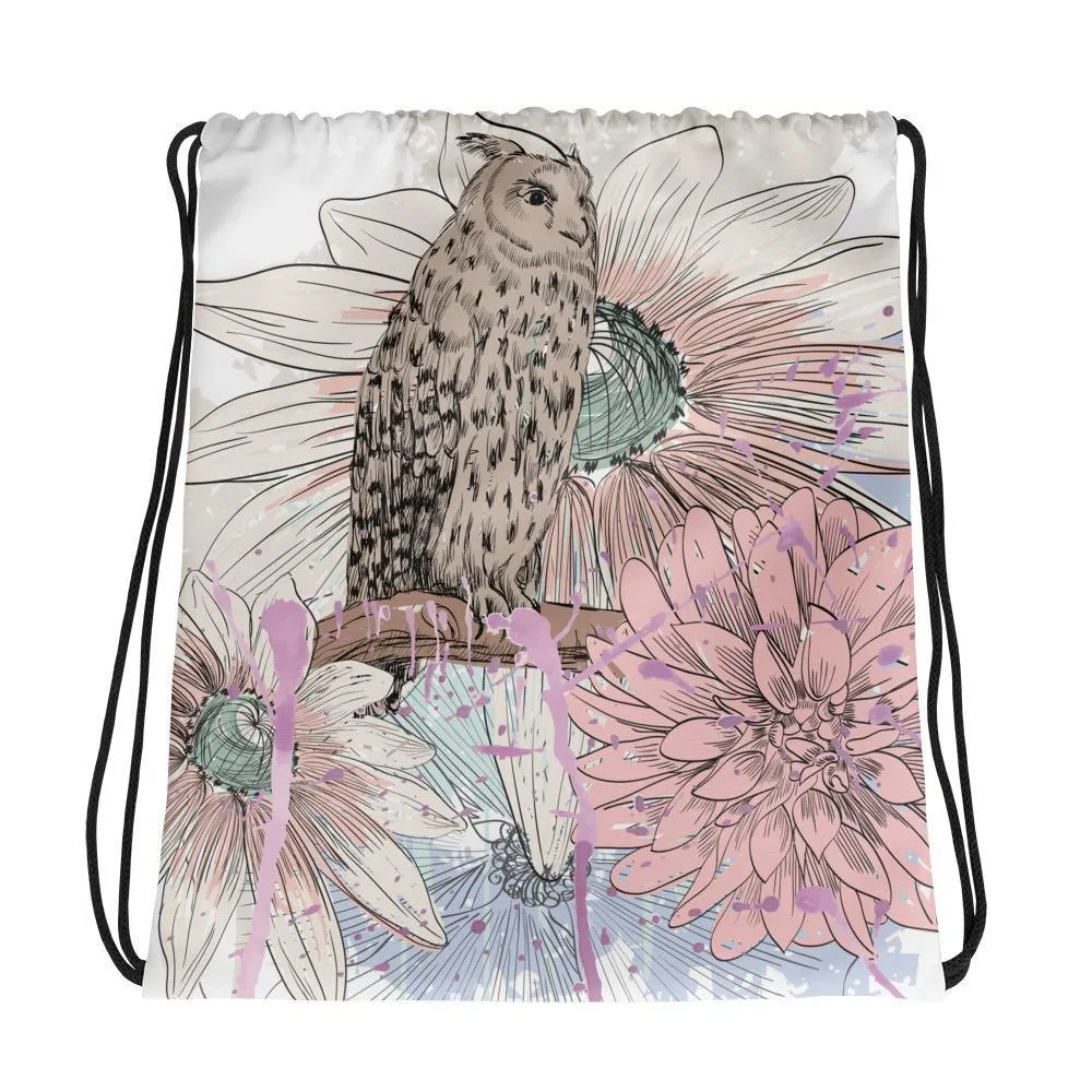 Allover Owl Perched in Blooms Drawstring Bag