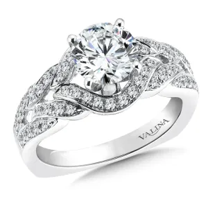 An open weave pattern of pave-set diamonds frames the luminous center stone making this ring shine.
