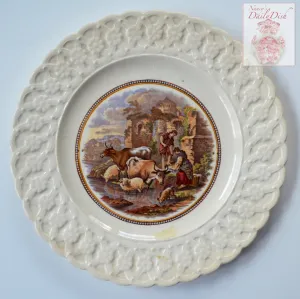 Antique Prattware Wash Day  Cattle / Cows Sheep & Dog Brown Transferware Plate Relief Border
