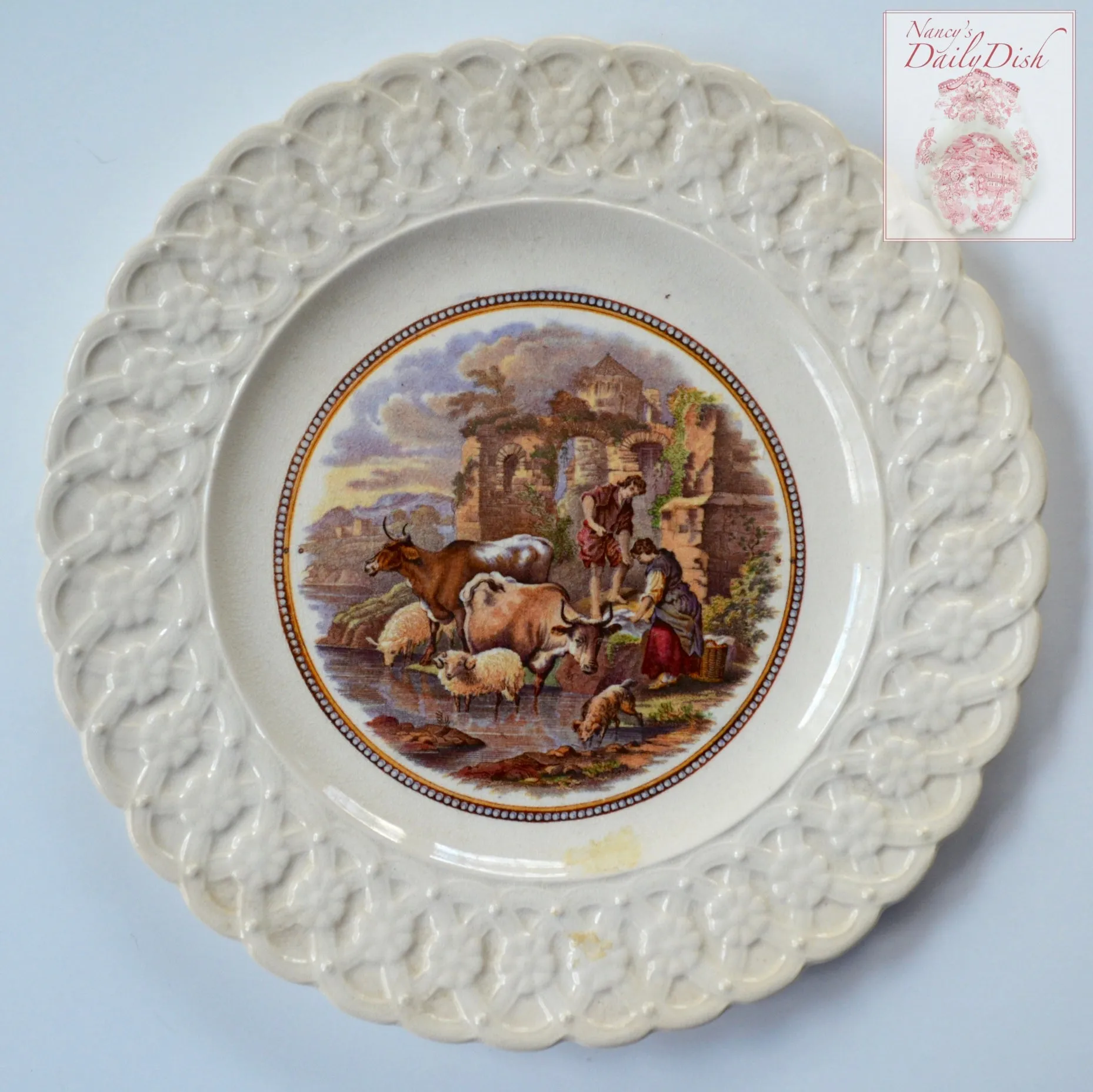 Antique Prattware Wash Day  Cattle / Cows Sheep & Dog Brown Transferware Plate Relief Border
