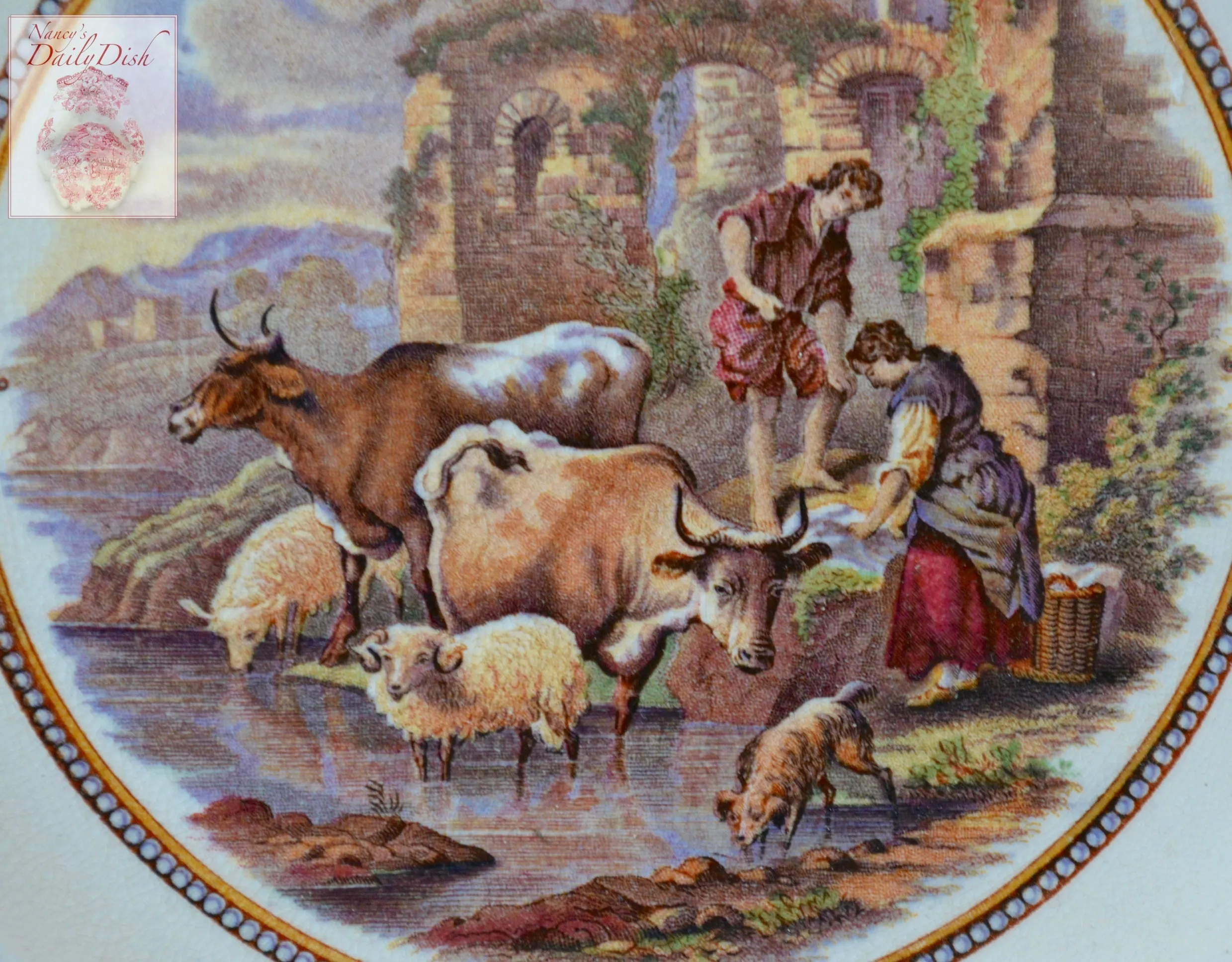 Antique Prattware Wash Day  Cattle / Cows Sheep & Dog Brown Transferware Plate Relief Border