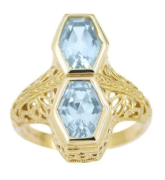 Art Deco Love Duet Blue Topaz Filigree Ring in 14 Karat Yellow Gold