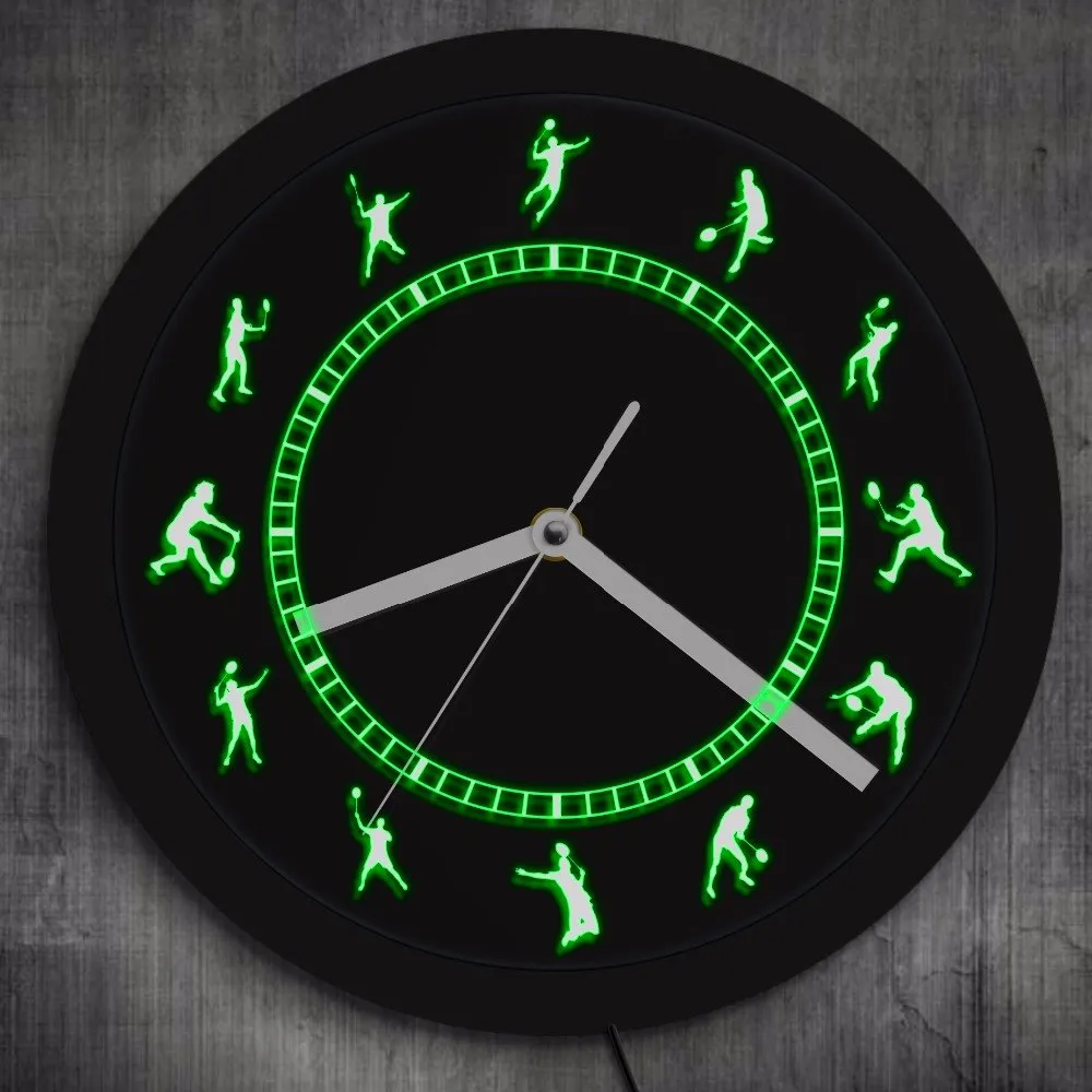 Badminton Time Black Round Badminton Players LED Silhouette Wall Clock Shuttlecock Luminous Wall Watch Badminton Home Decor Gift