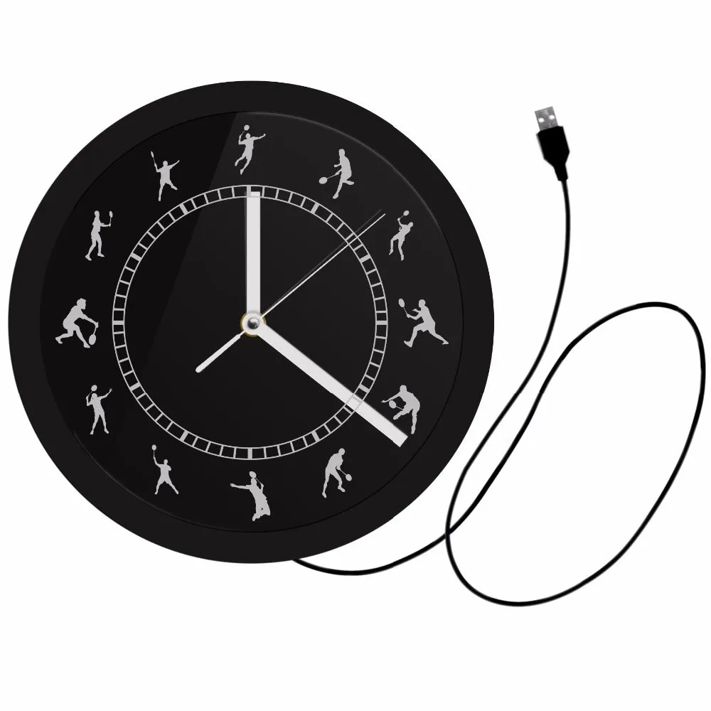 Badminton Time Black Round Badminton Players LED Silhouette Wall Clock Shuttlecock Luminous Wall Watch Badminton Home Decor Gift