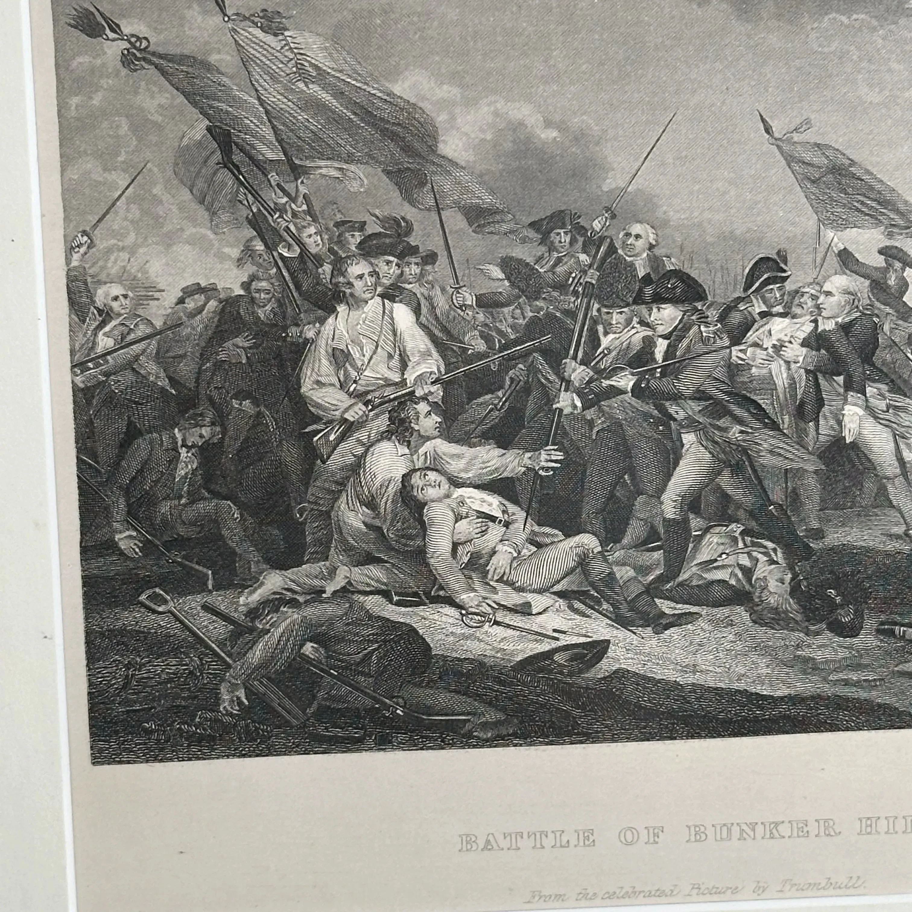 Battle of Bunker Hill Engraving of John Trumbull's famous painting - c. 1869 - In an antique frame