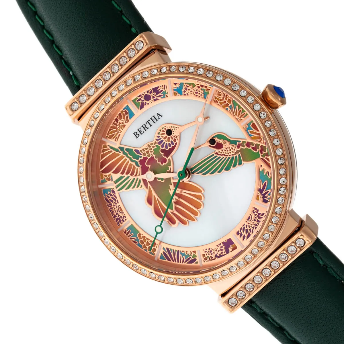 Bertha Emily Mother-Of-Pearl Leather-Band Watch - Rose Gold/Green