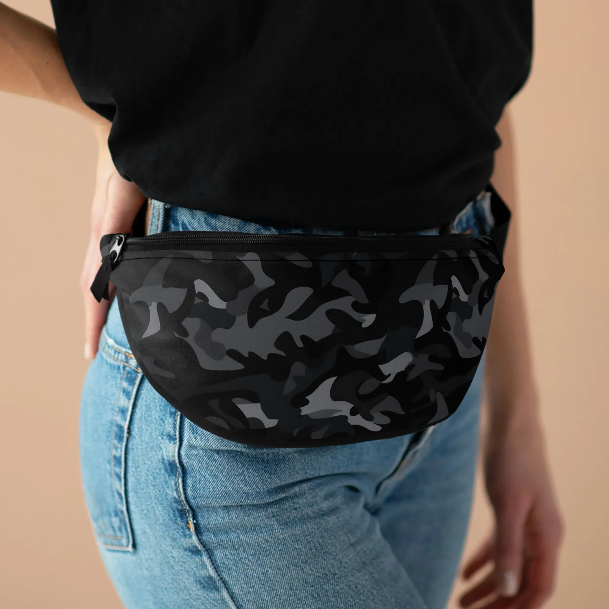 Black Camo Fanny Pack, Camouflage Waist Belt Bag Crossbody Women Men Hip Bum 90s Designer Shoulder Festival Waterproof