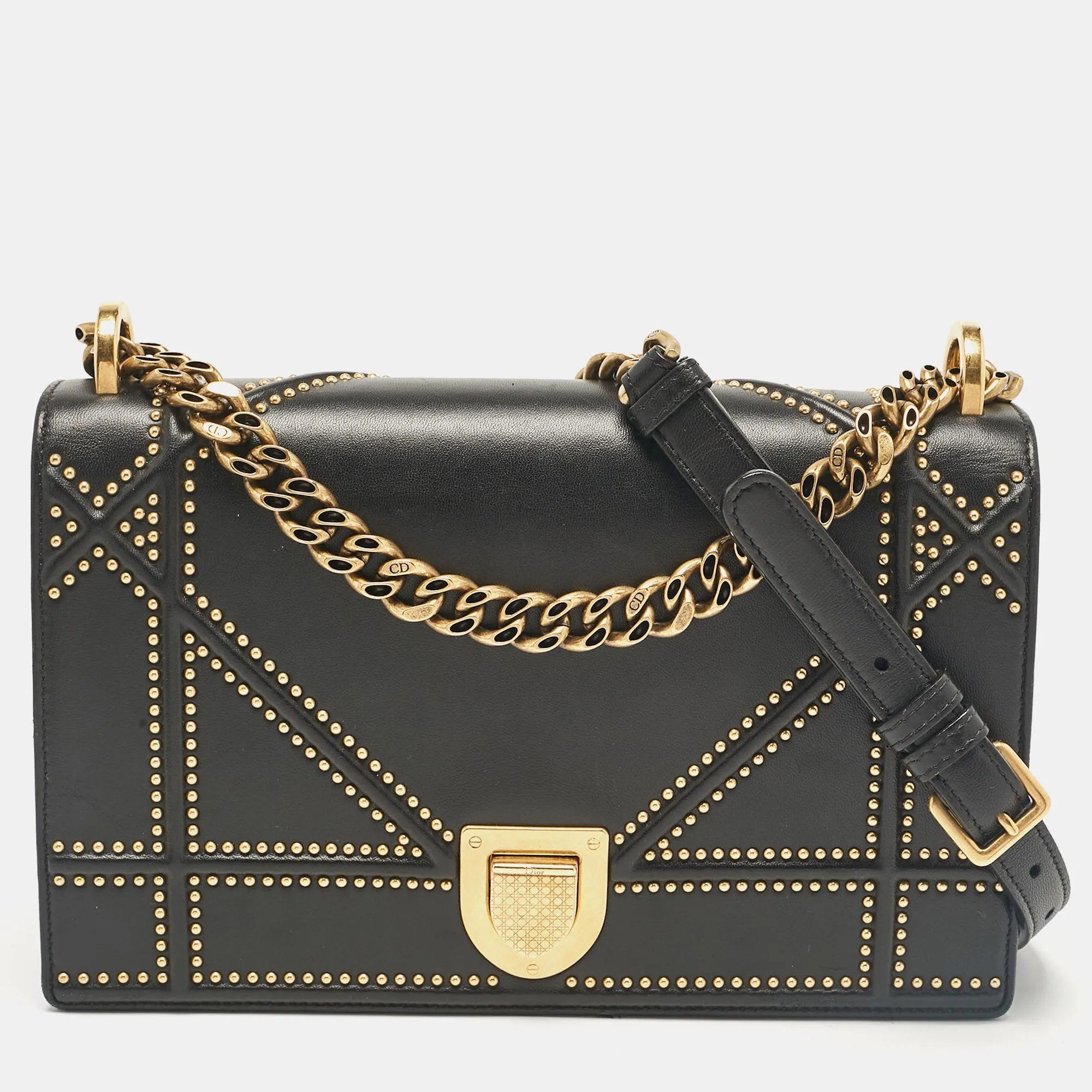 Black Leather Medium Studded Diorama Flap Shoulder Bag