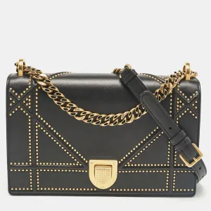 Black Leather Medium Studded Diorama Flap Shoulder Bag