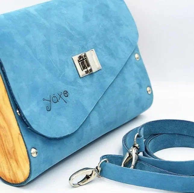 Blue matt leather olive wood women bag