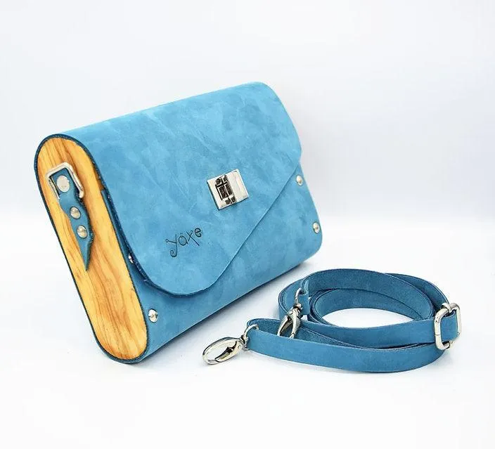 Blue matt leather olive wood women bag