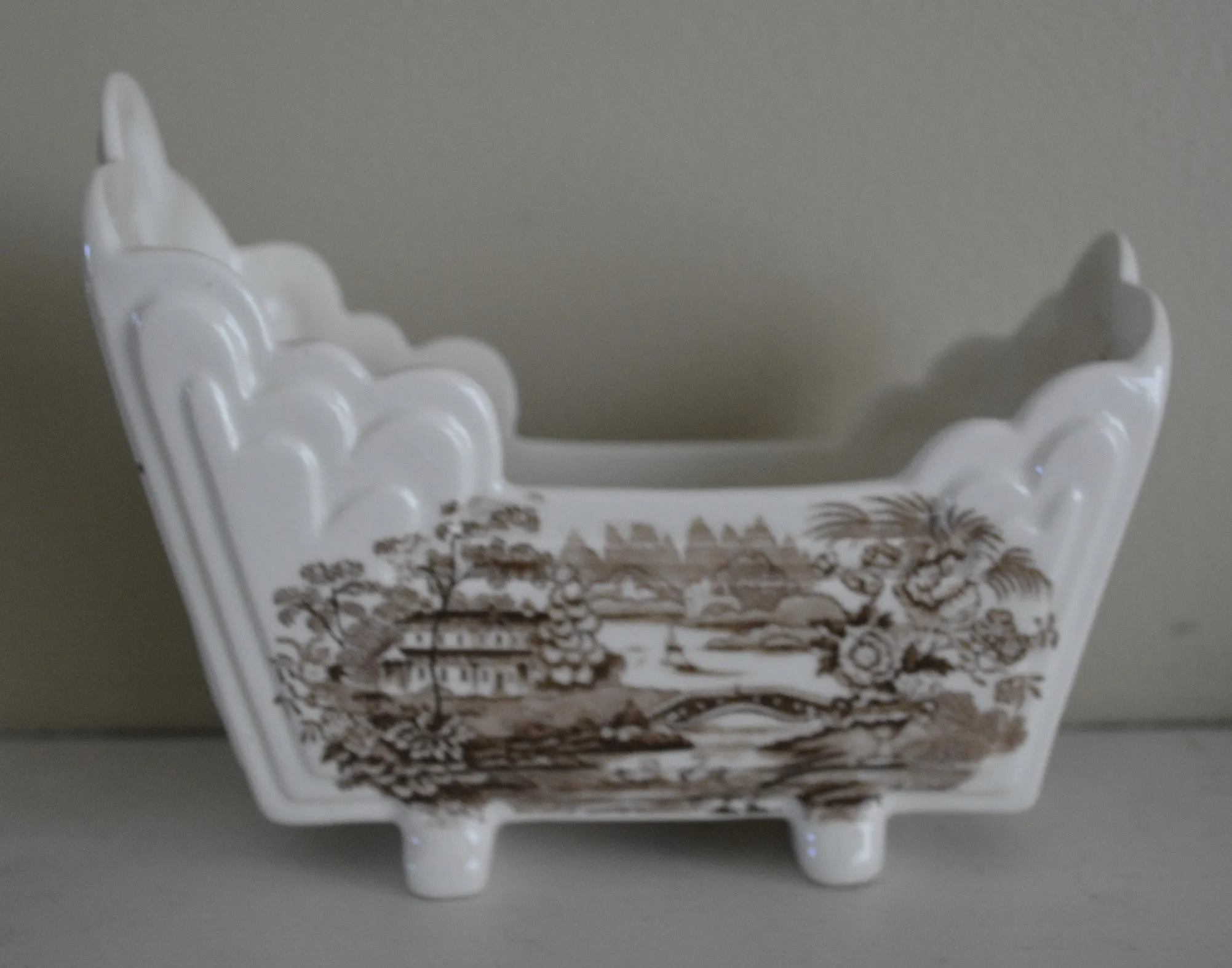 Brown Transferware Tonquin Cracker Cradle Dish / Planter Sailboat Swans Roses Clarice Cliff Staffordshire Vintage