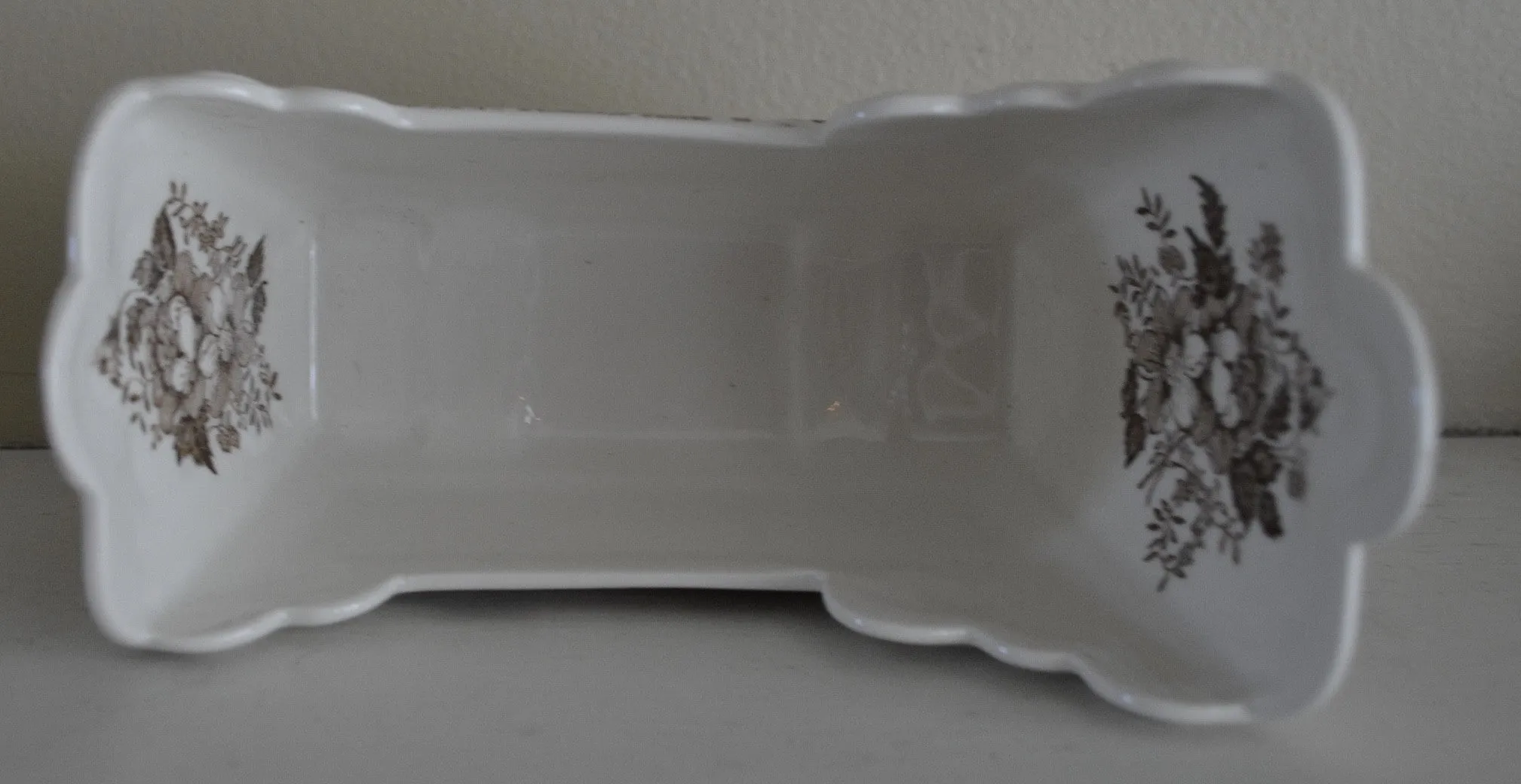 Brown Transferware Tonquin Cracker Cradle Dish / Planter Sailboat Swans Roses Clarice Cliff Staffordshire Vintage
