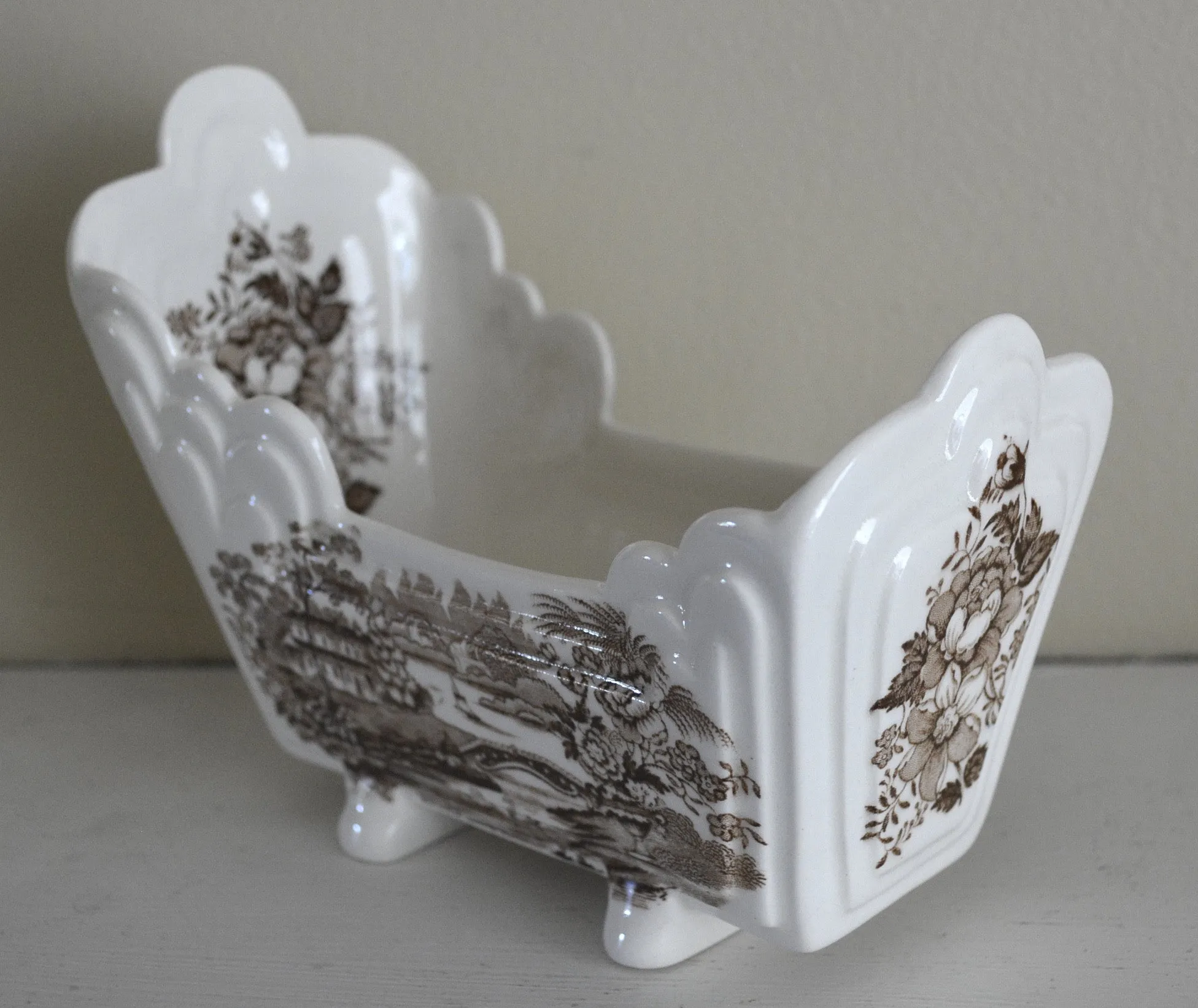 Brown Transferware Tonquin Cracker Cradle Dish / Planter Sailboat Swans Roses Clarice Cliff Staffordshire Vintage