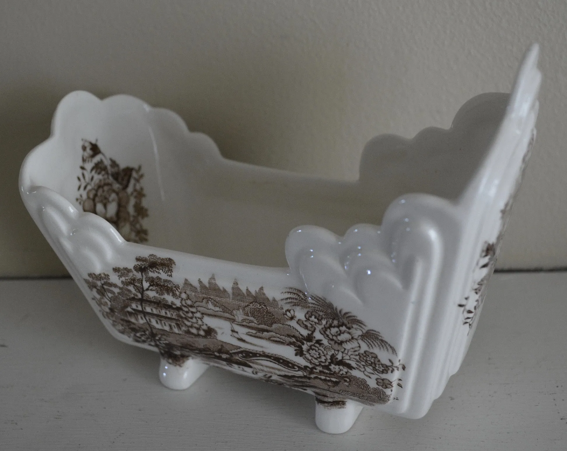 Brown Transferware Tonquin Cracker Cradle Dish / Planter Sailboat Swans Roses Clarice Cliff Staffordshire Vintage