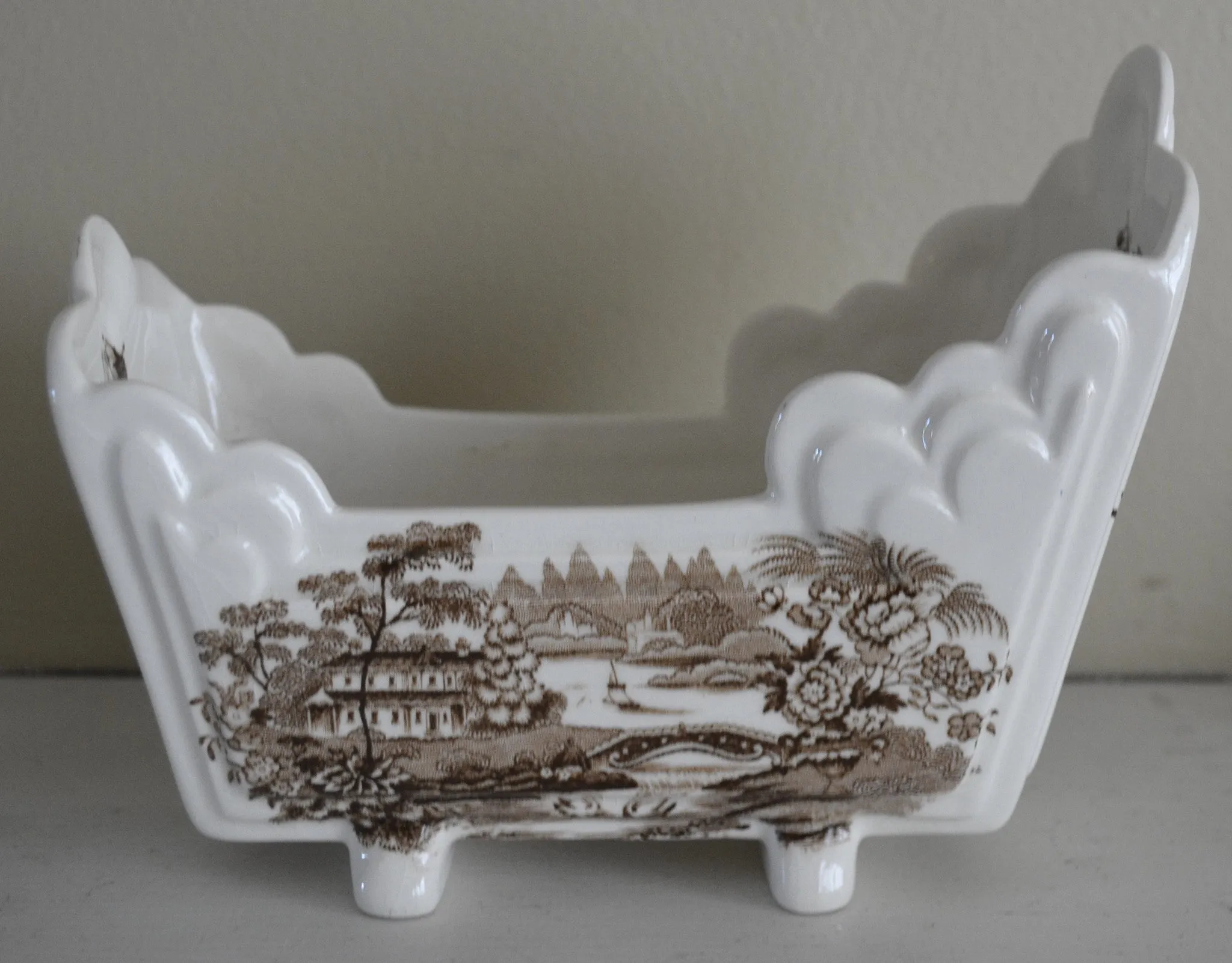 Brown Transferware Tonquin Cracker Cradle Dish / Planter Sailboat Swans Roses Clarice Cliff Staffordshire Vintage
