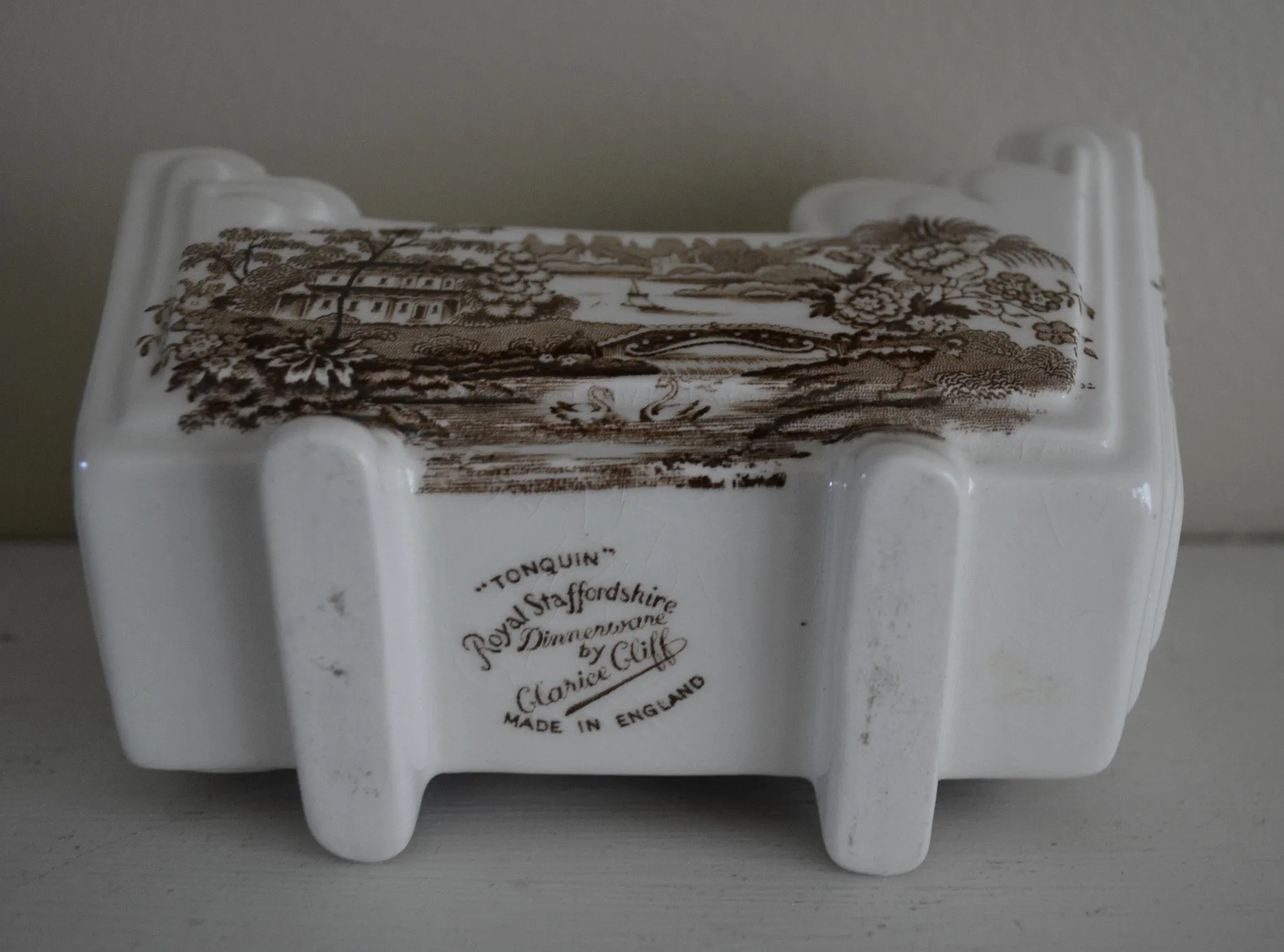 Brown Transferware Tonquin Cracker Cradle Dish / Planter Sailboat Swans Roses Clarice Cliff Staffordshire Vintage