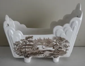 Brown Transferware Tonquin Cracker Cradle Dish / Planter Sailboat Swans Roses Clarice Cliff Staffordshire Vintage