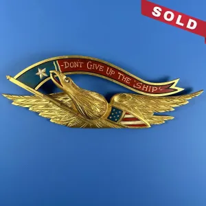 Carved wooden eagle — "Don't give up the ship" — 28" wide