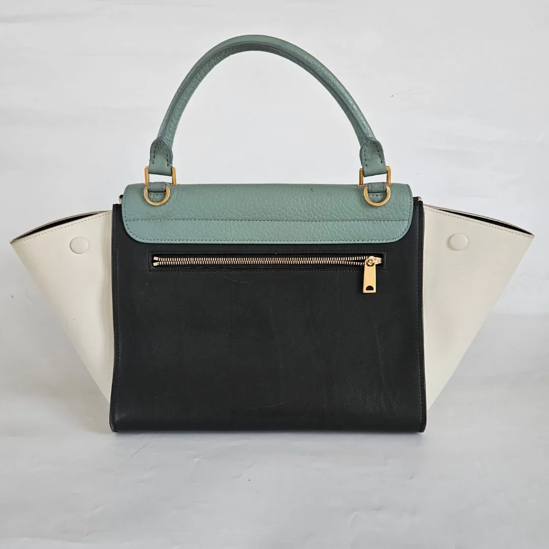 Celine Navy Blue/Green Leather and Suede Medium Trapeze Top Handle Bag