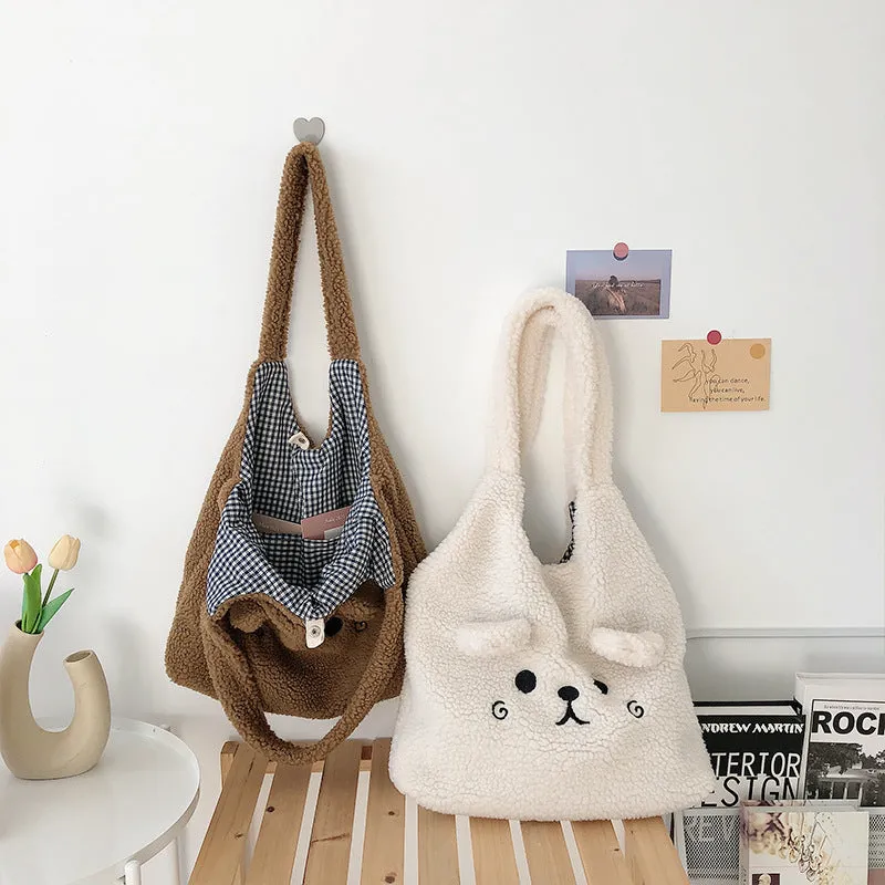 Cute Lamb Face Fleece Wool Large Capacity Plush Embroided Bag