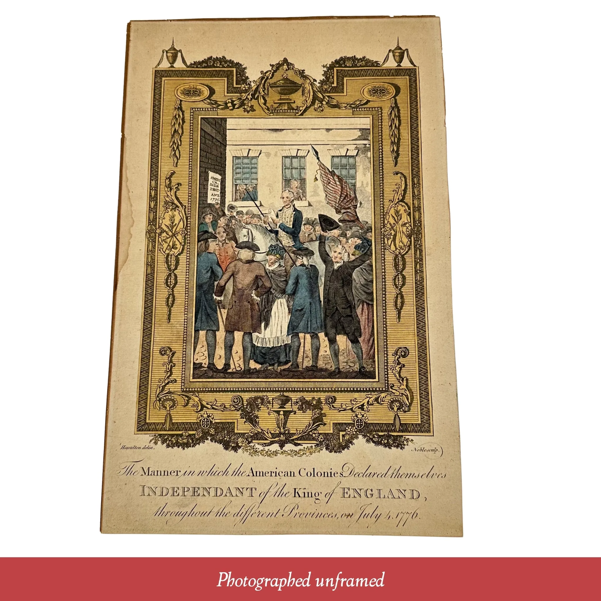 Declaring Independence hand-colored engraving c. 1783 - In a hand-made solid wood frame