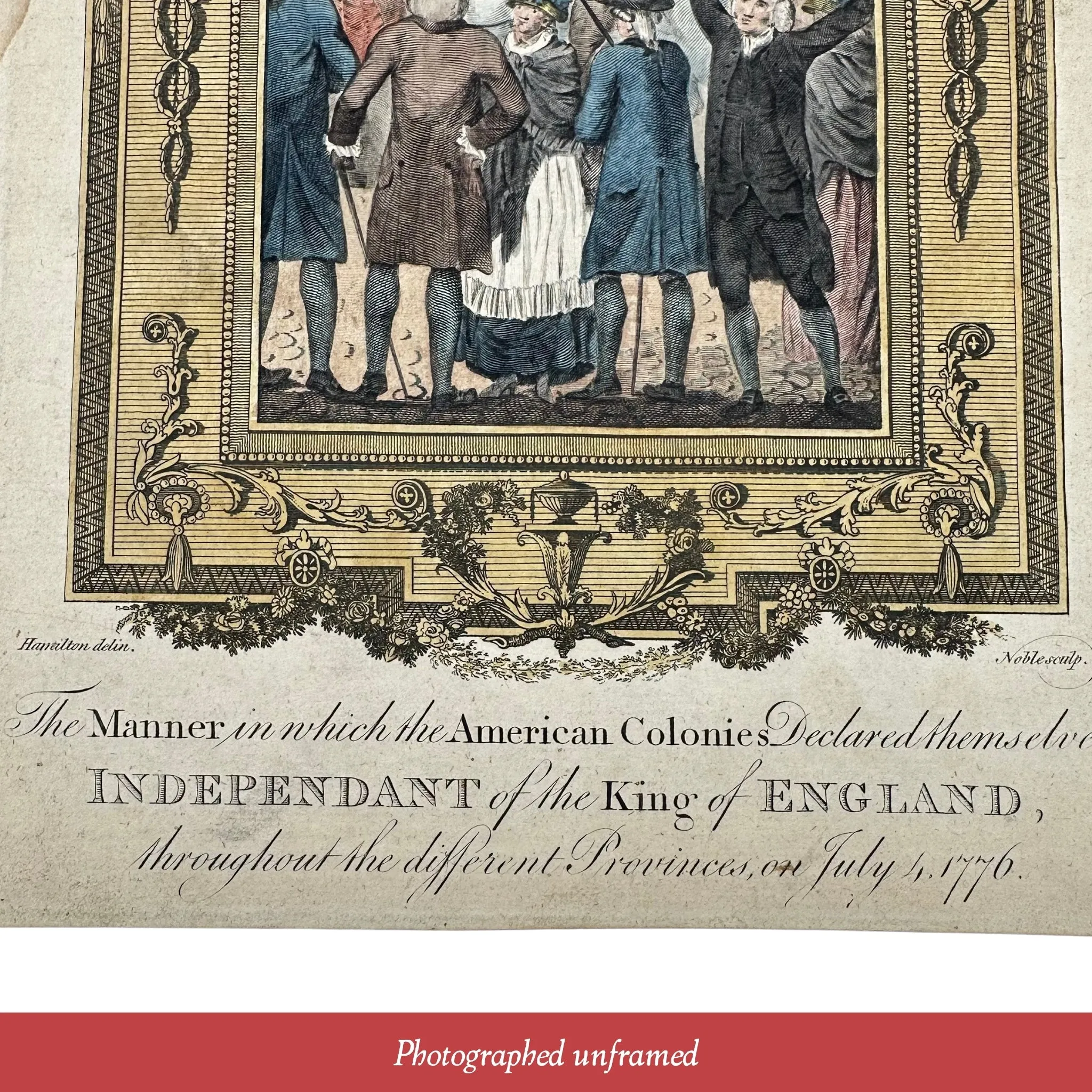 Declaring Independence hand-colored engraving c. 1783 - In a hand-made solid wood frame