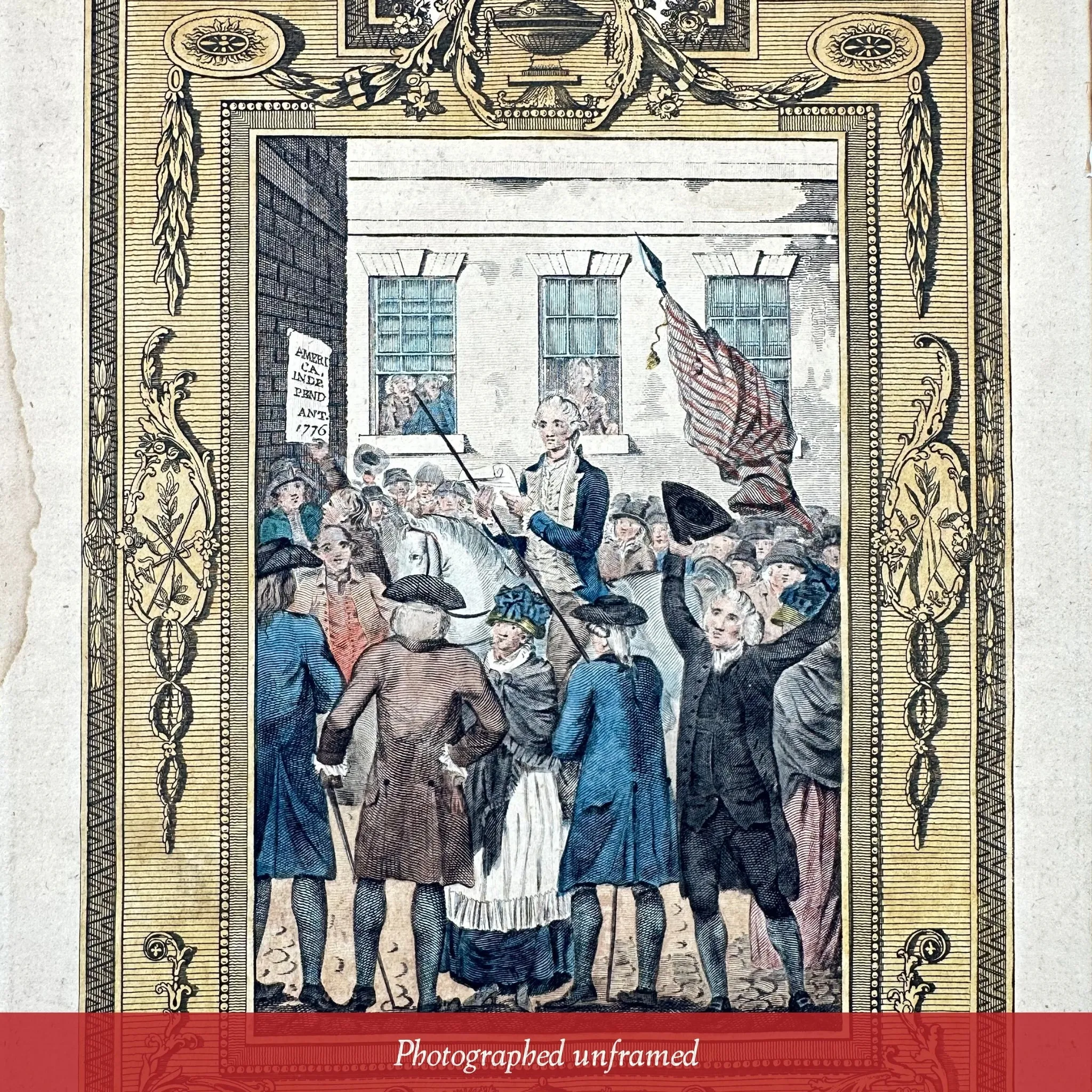 Declaring Independence hand-colored engraving c. 1783 - In a hand-made solid wood frame