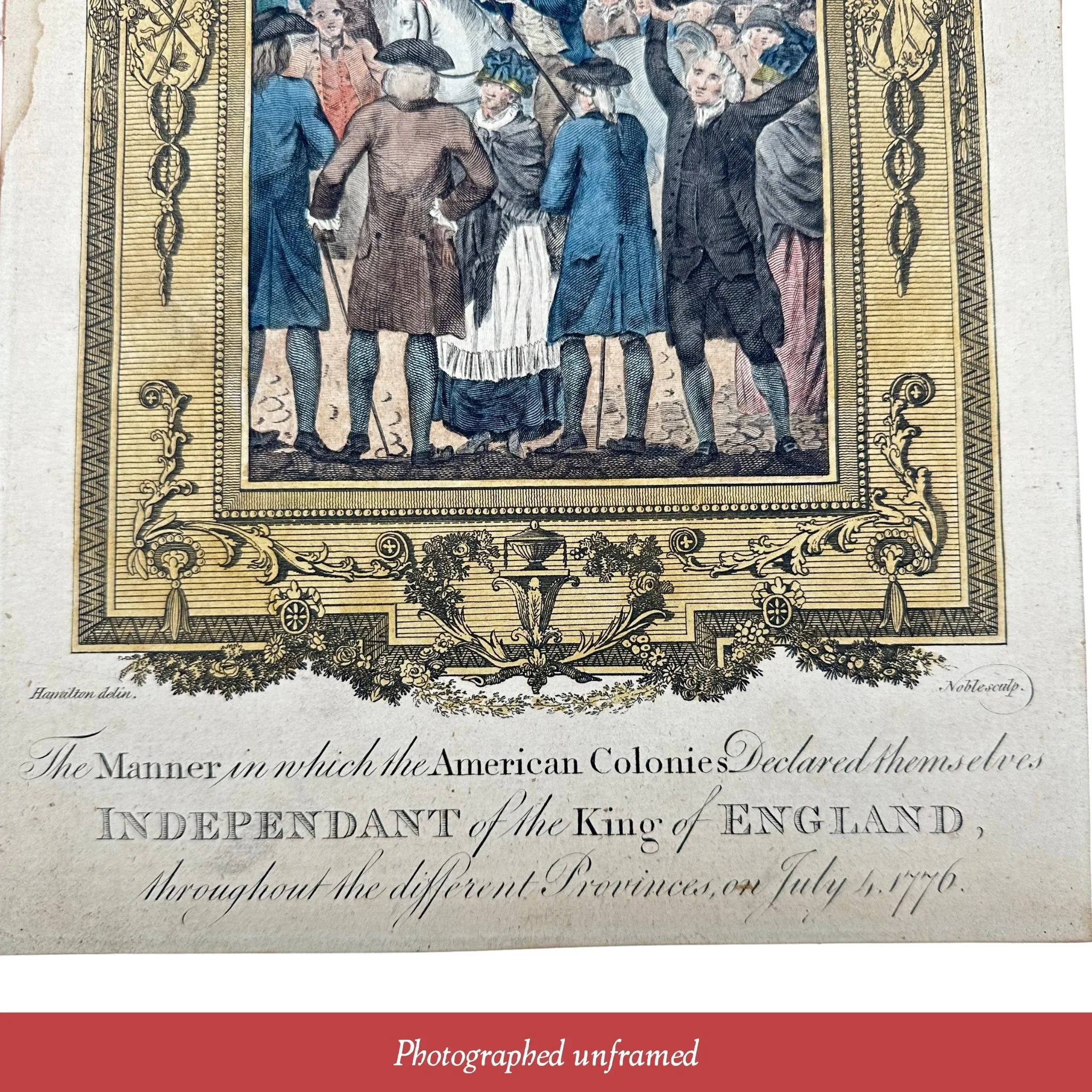 Declaring Independence hand-colored engraving c. 1783 - In a hand-made solid wood frame