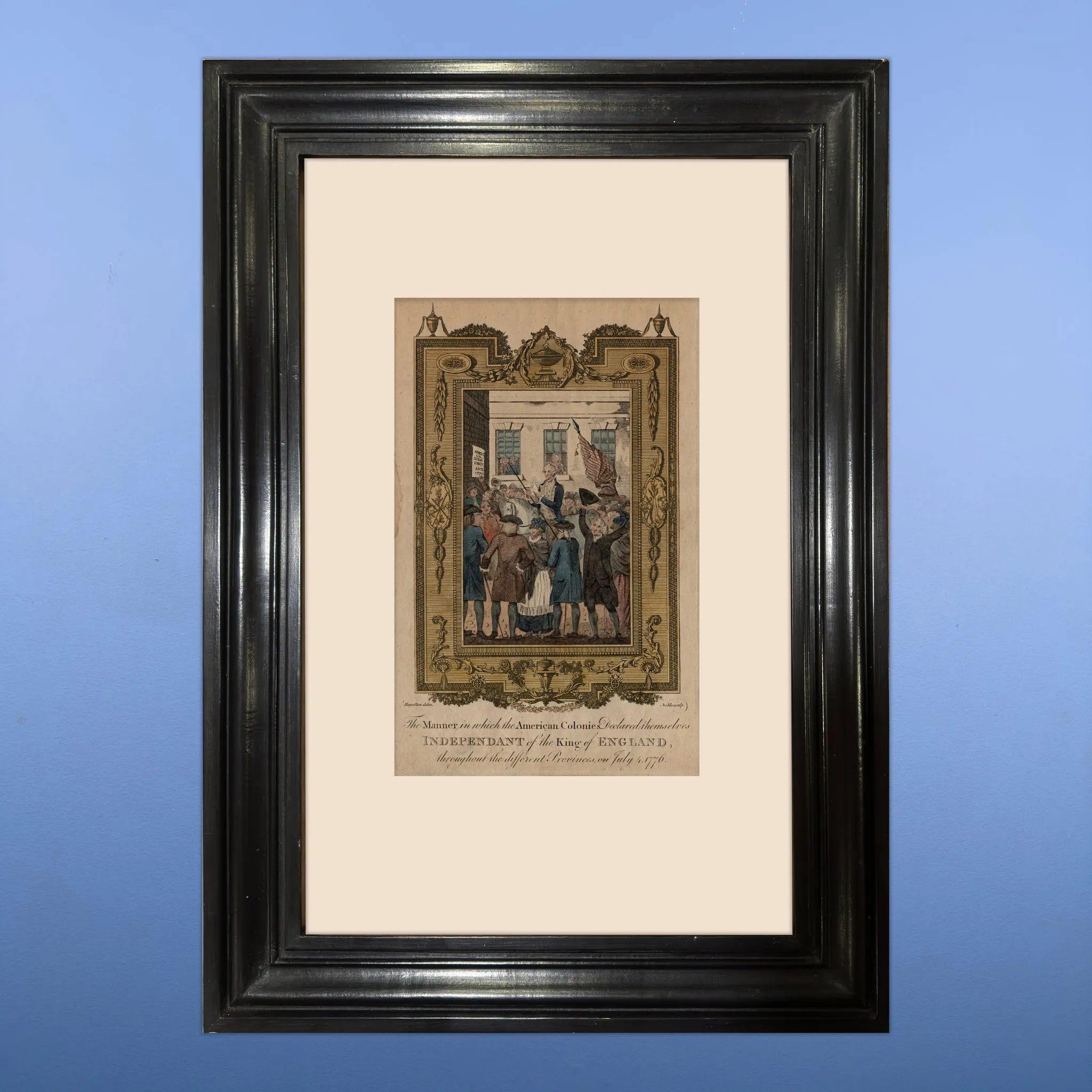 Declaring Independence hand-colored engraving c. 1783 - In a hand-made solid wood frame
