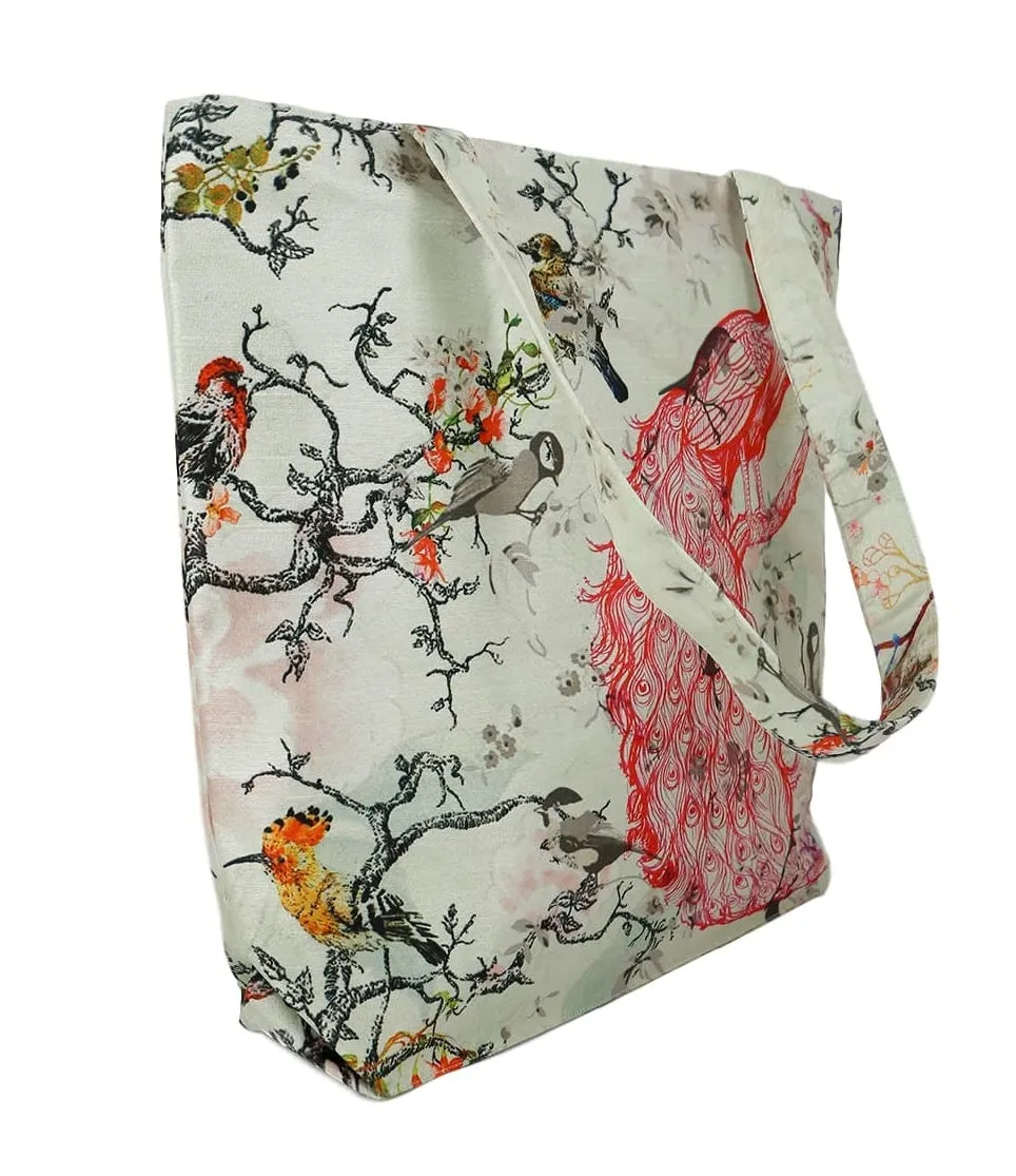 Digitally Printed Tote Fashion Shopping Hand Bag Multipurpose Waterproof Faux Silk and Polysatin Lining 16X14X4 Inch ,Peacock And Birds