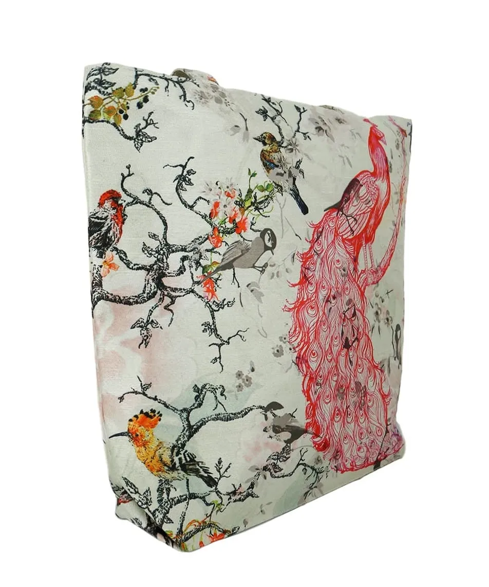Digitally Printed Tote Fashion Shopping Hand Bag Multipurpose Waterproof Faux Silk and Polysatin Lining 16X14X4 Inch ,Peacock And Birds