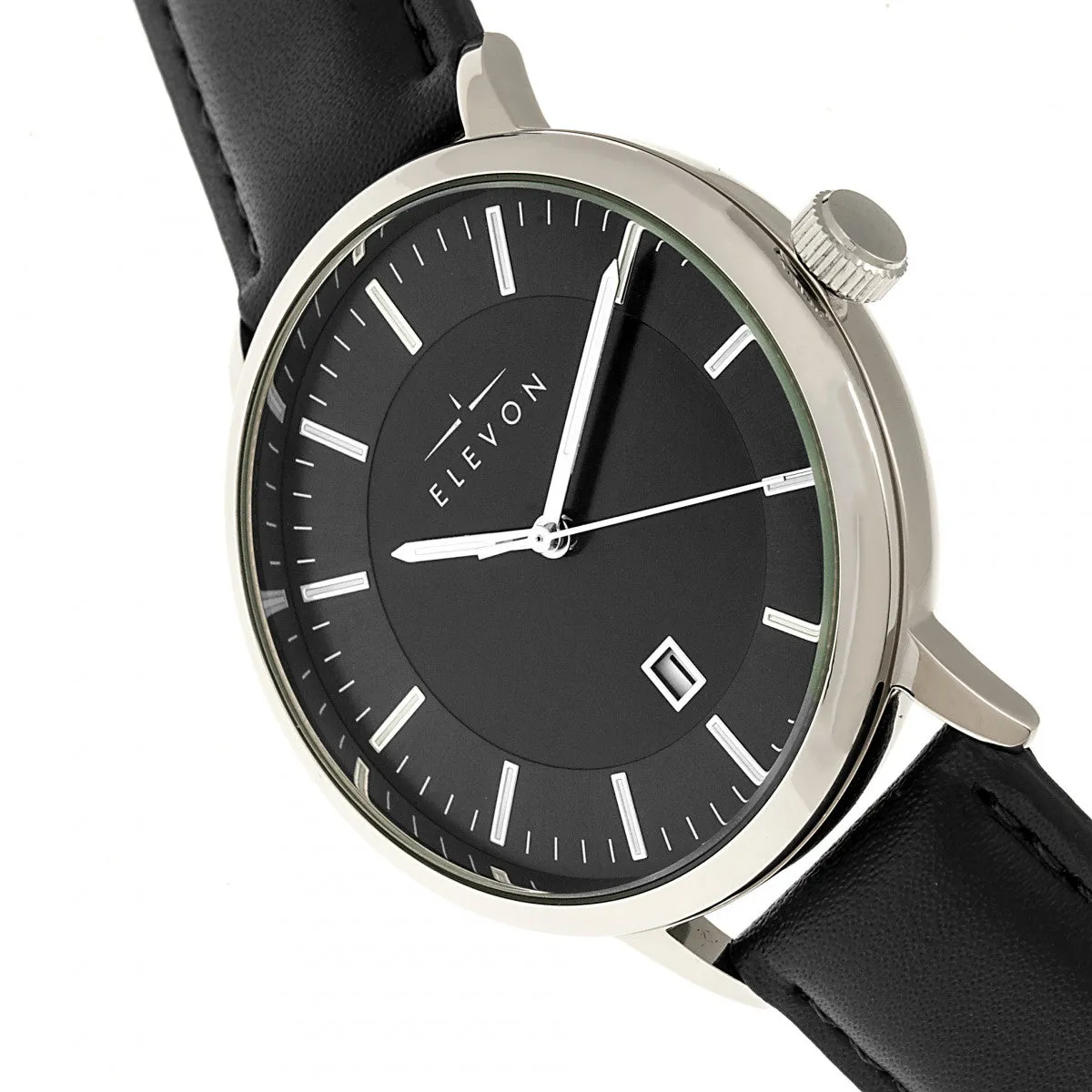 Elevon Vin Leather-Band Watch w/Date - Silver/Black