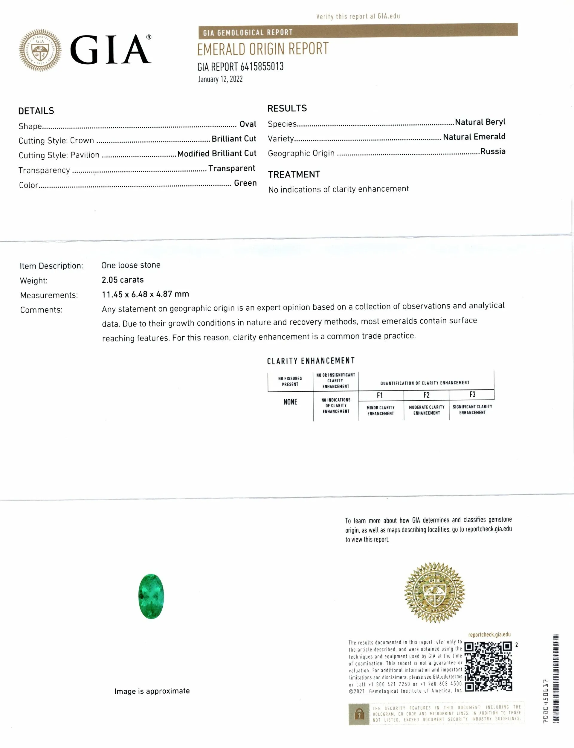 EMERALD LOOSE STONE GIA CERTIFIED NO OIL LONG OVAL SHAPE 2ct NATURAL UNTREATED