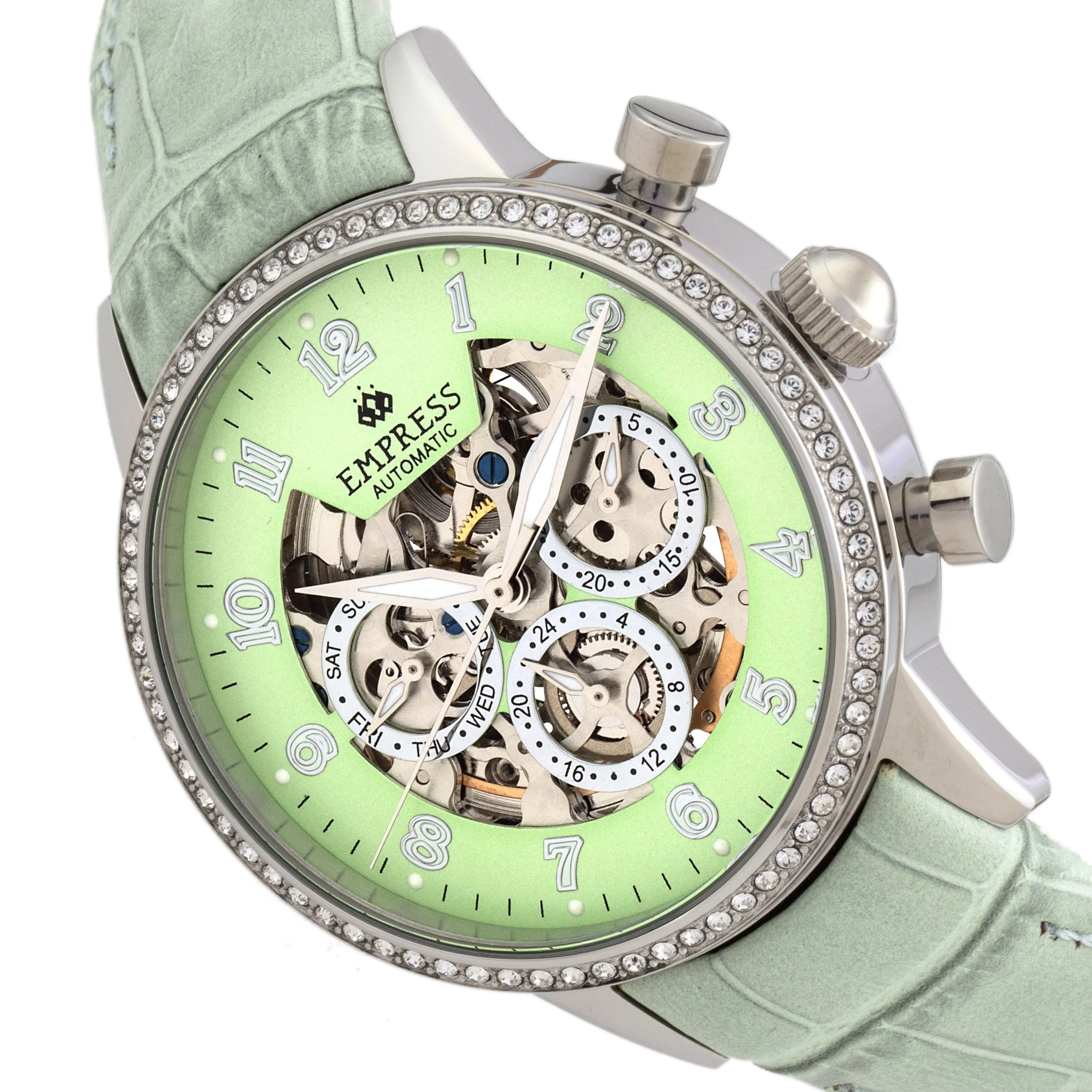 Empress Beatrice Automatic Skeleton Dial Leather-Band Watch w/Day/Date - Silver/Mint