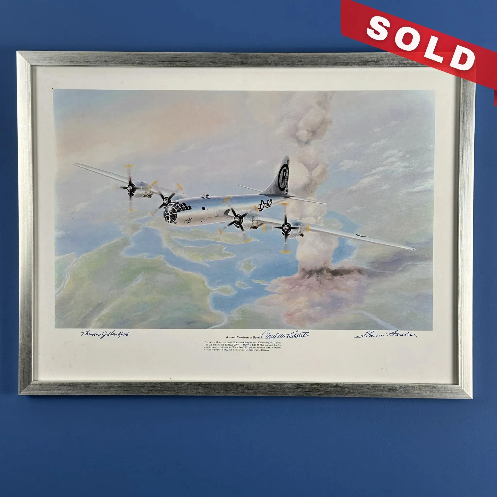 Enola Gay print signed by pilot Col. Paul Tibbets, navigator Capt. Theodore "Dutch" Van Kirk, and bombardier Maj. Thomas Ferebee — Framed