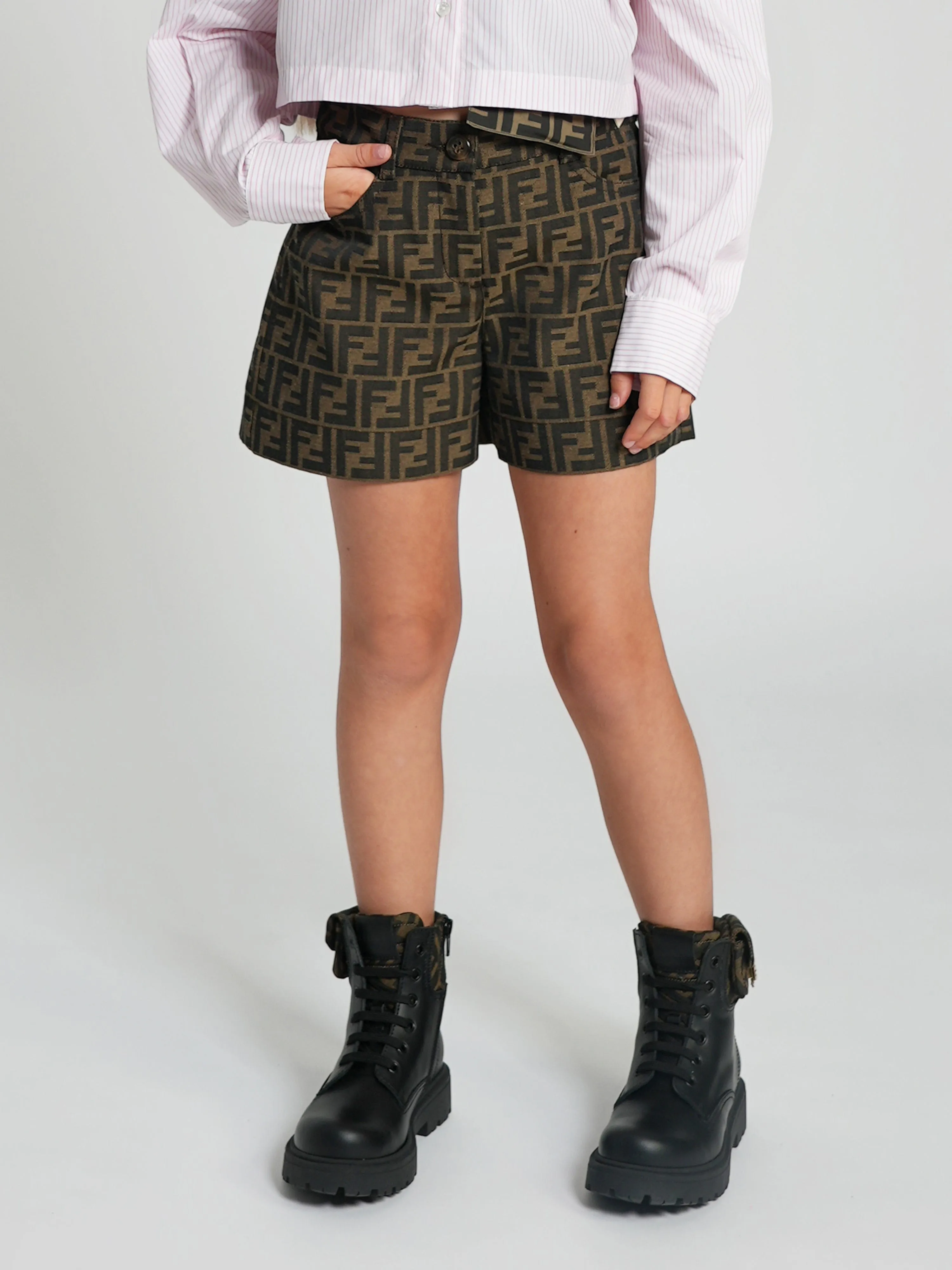 Fendi Girls FF Logo Shorts in Brown