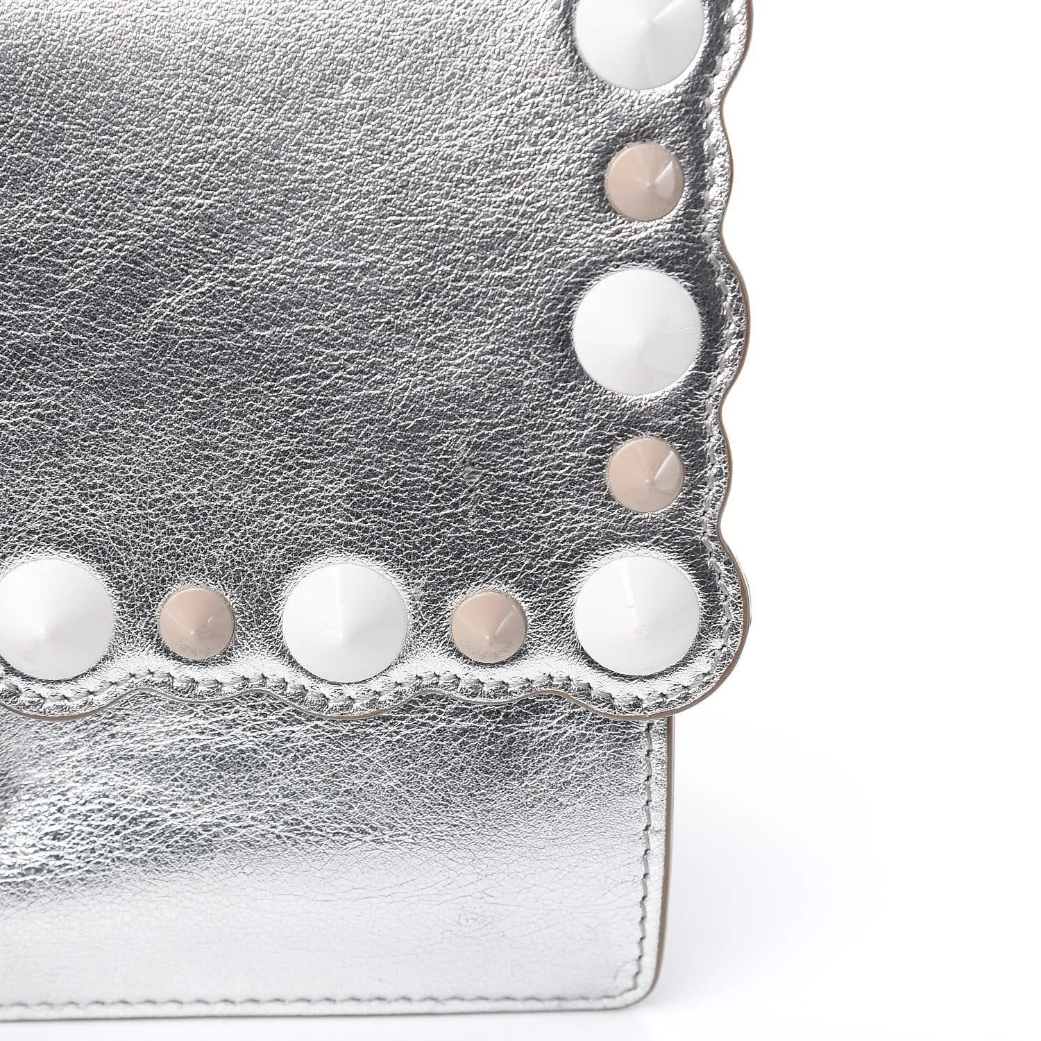 Fendi Kan I Metallic Silver Calfskin Scalloped Studded Small Shoulder Bag 8M0381