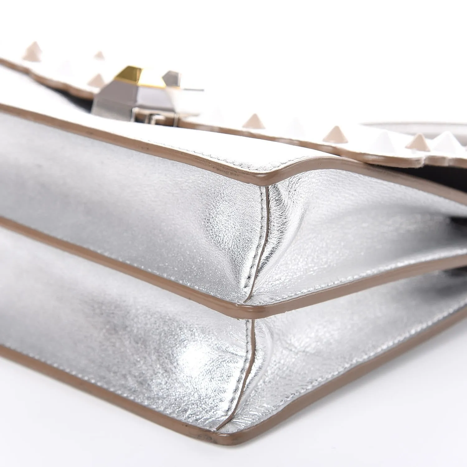 Fendi Kan I Metallic Silver Calfskin Scalloped Studded Small Shoulder Bag 8M0381