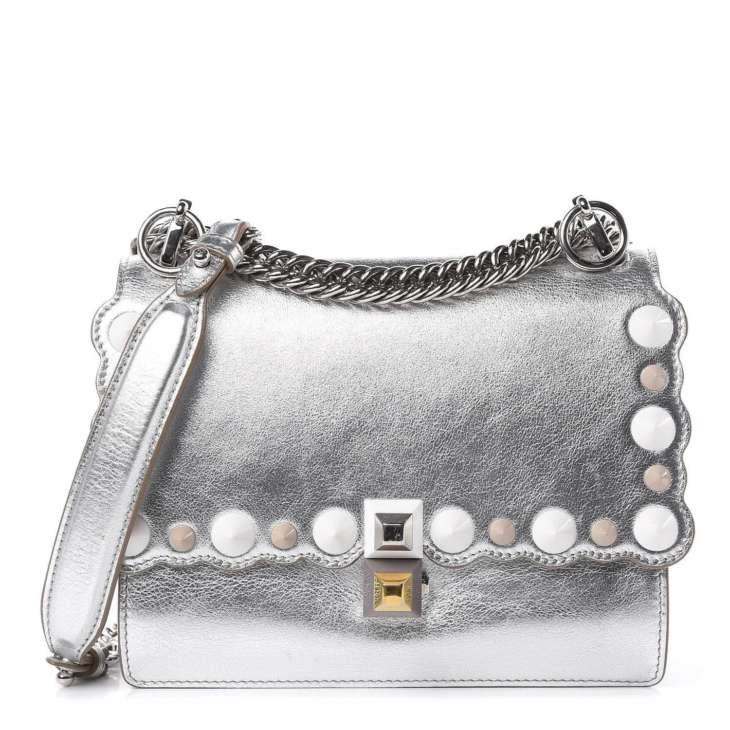 Fendi Kan I Metallic Silver Calfskin Scalloped Studded Small Shoulder Bag 8M0381