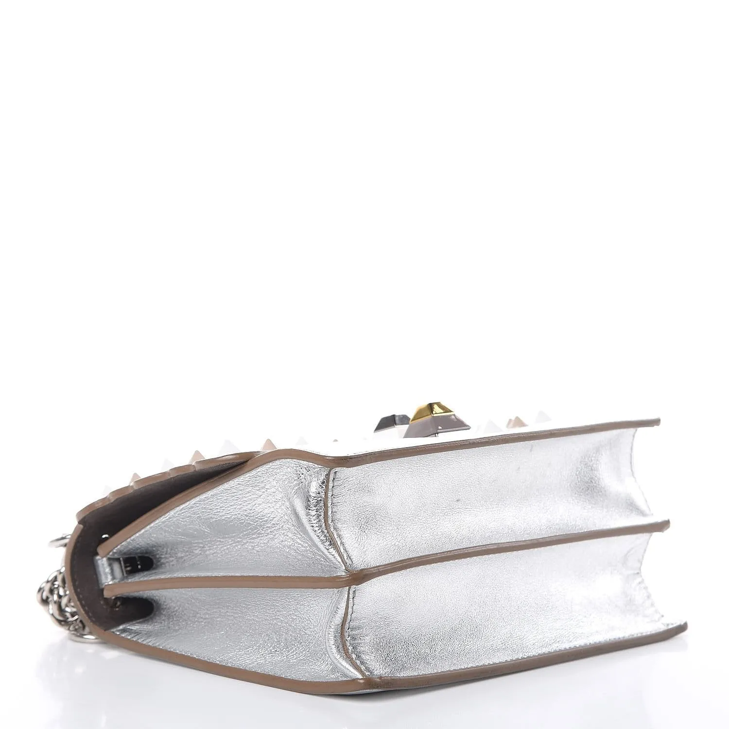 Fendi Kan I Metallic Silver Calfskin Scalloped Studded Small Shoulder Bag 8M0381