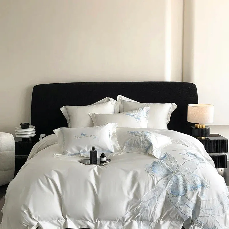 Flytonn-1000TC Egyptian Cotton White Luxury Bedding Set Chic Butterfly Embroidery Queen King Size Duvet Cover Set Bed Sheet Pillowcases