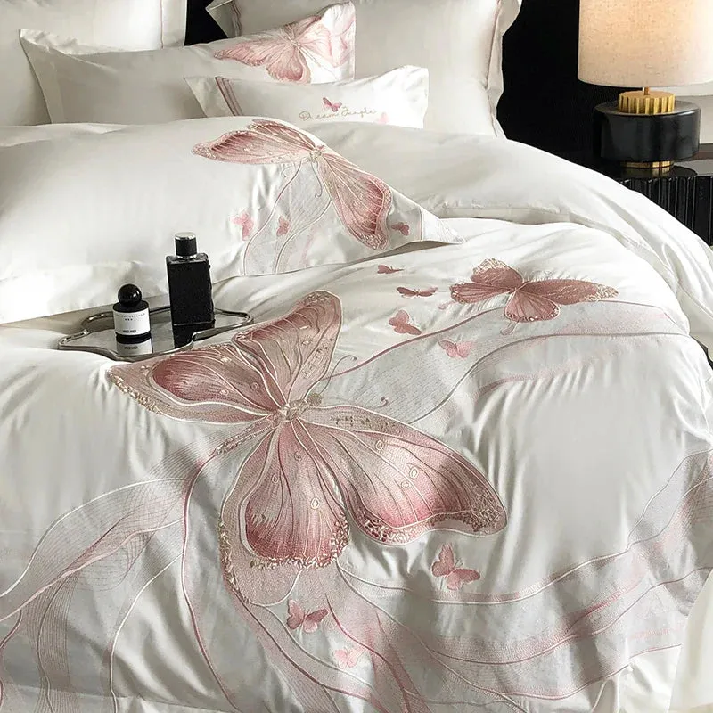 Flytonn-1000TC Egyptian Cotton White Luxury Bedding Set Chic Butterfly Embroidery Queen King Size Duvet Cover Set Bed Sheet Pillowcases