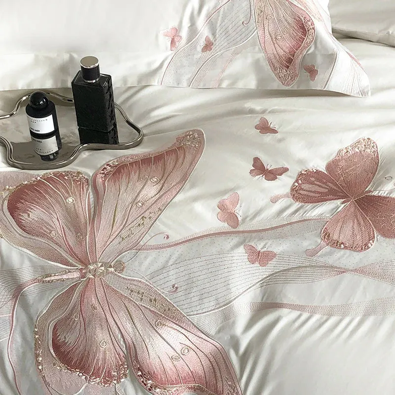 Flytonn-1000TC Egyptian Cotton White Luxury Bedding Set Chic Butterfly Embroidery Queen King Size Duvet Cover Set Bed Sheet Pillowcases