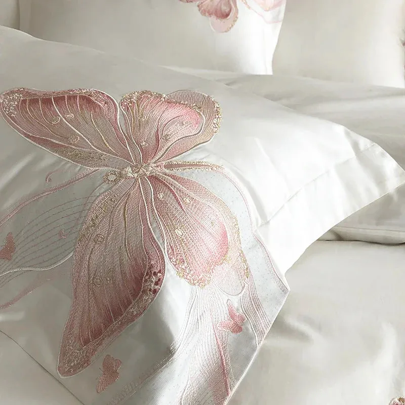 Flytonn-1000TC Egyptian Cotton White Luxury Bedding Set Chic Butterfly Embroidery Queen King Size Duvet Cover Set Bed Sheet Pillowcases