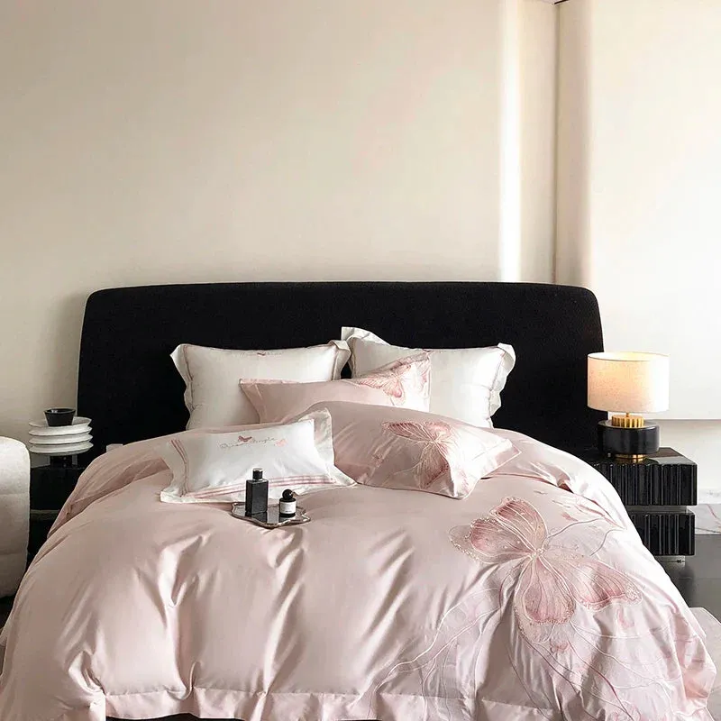 Flytonn-1000TC Egyptian Cotton White Luxury Bedding Set Chic Butterfly Embroidery Queen King Size Duvet Cover Set Bed Sheet Pillowcases